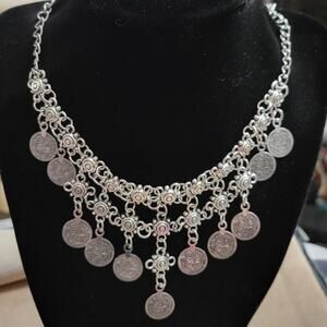 Boho silver tone coin necklace